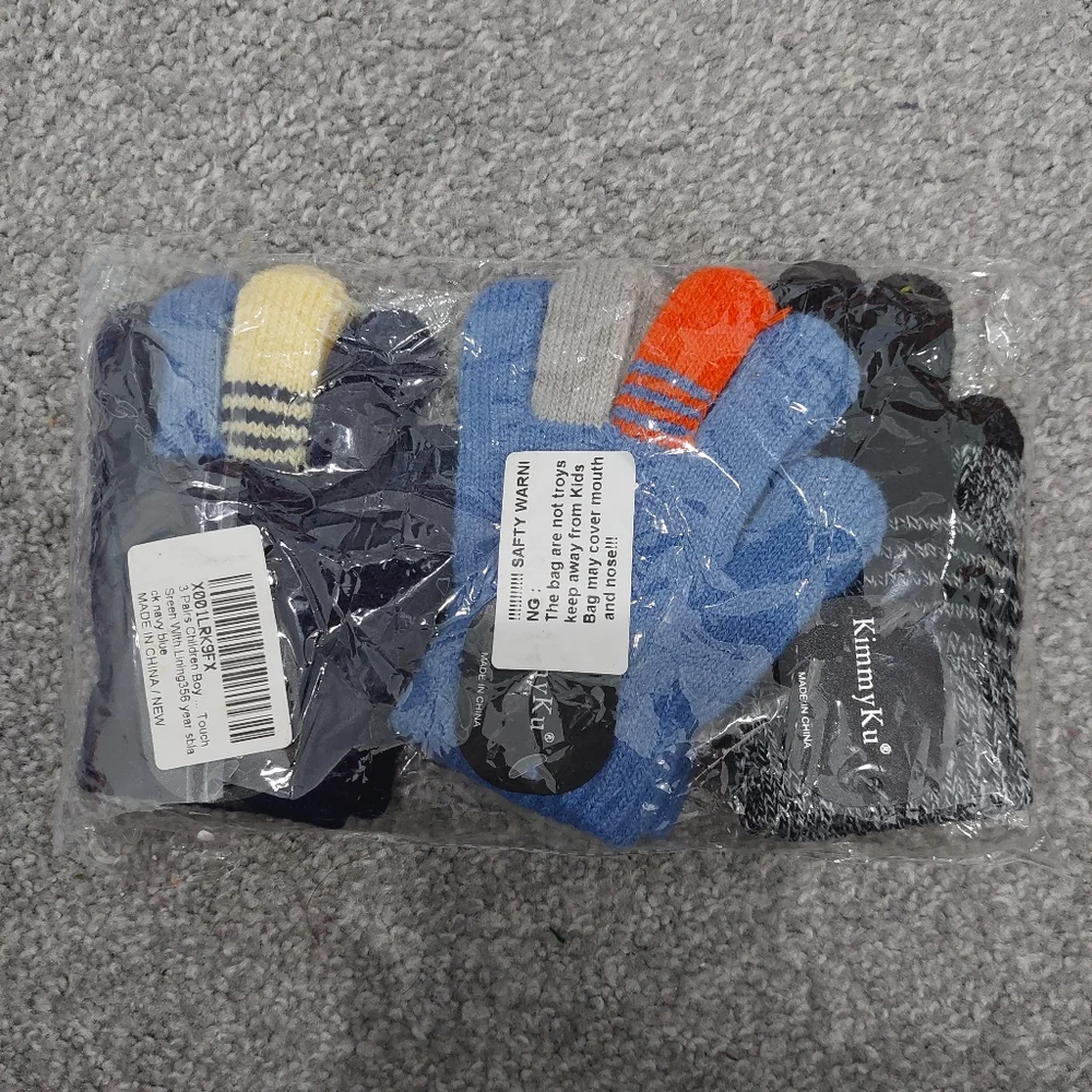 Kimmy Ku kids boys gloves 3 pairs touch screen with lining blue black gray